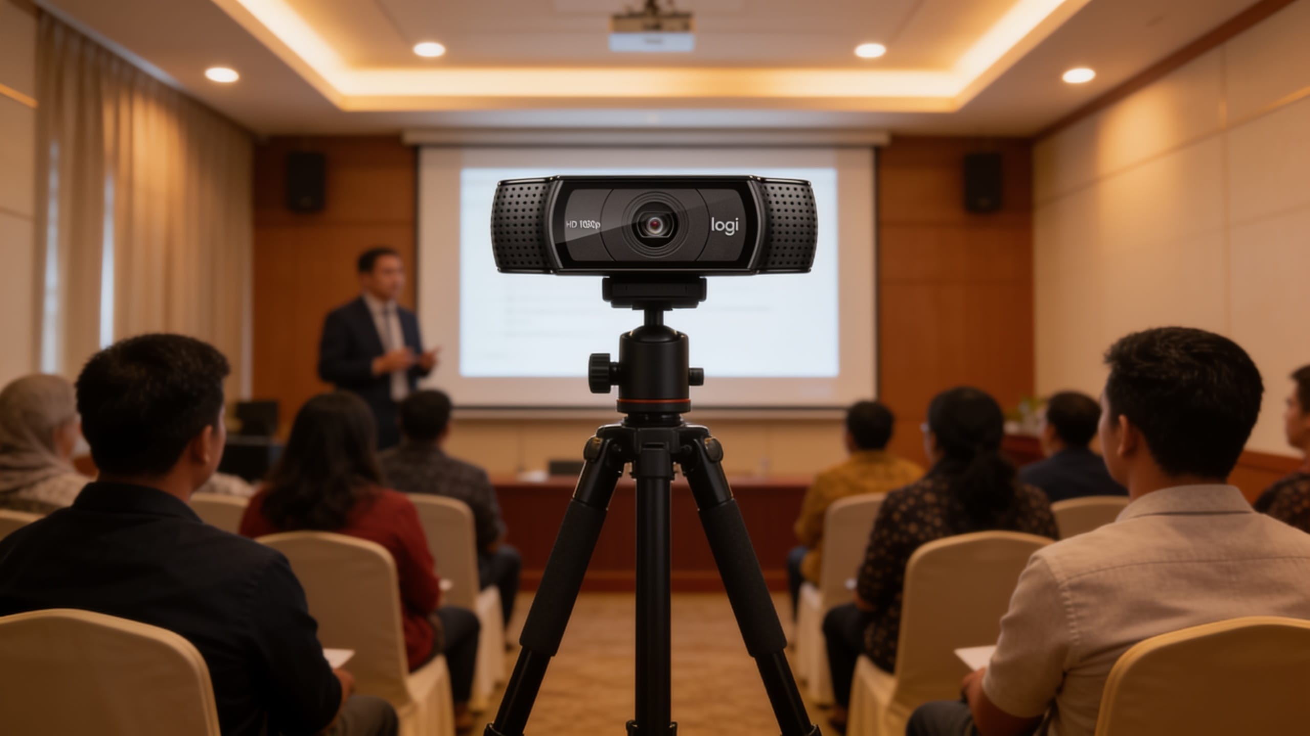 Setup Webinar & Hybrid Event: Checklist Alat yang Wajib Disiapkan | Perkap.com 1 Setup webinar hybrid event dengan webcam, mic wireless, dan proyektor di ruang acara Malang